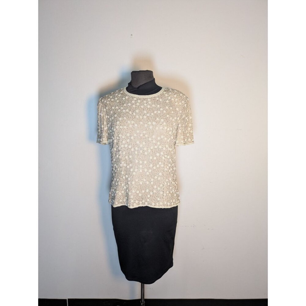 Vintage Beaded Short Sleeve Blouse Cream Floral, Size M - Picture 1 of 11